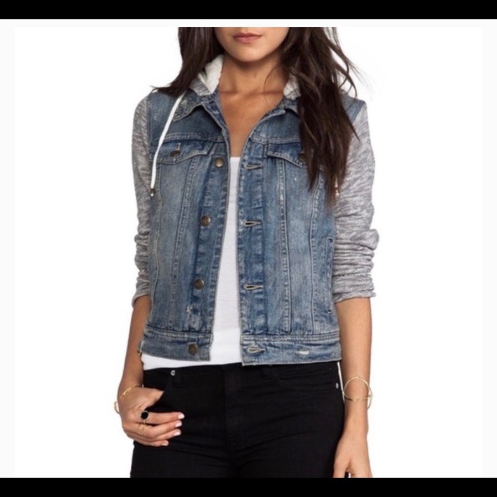 NWOT Free people gray hooded distressed jean jacket